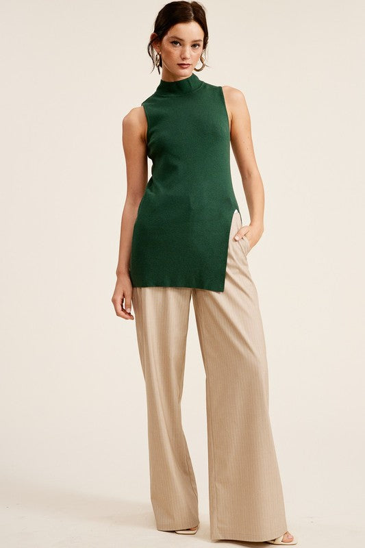 Mock Neck Slit Sleeveless Sweater - Green