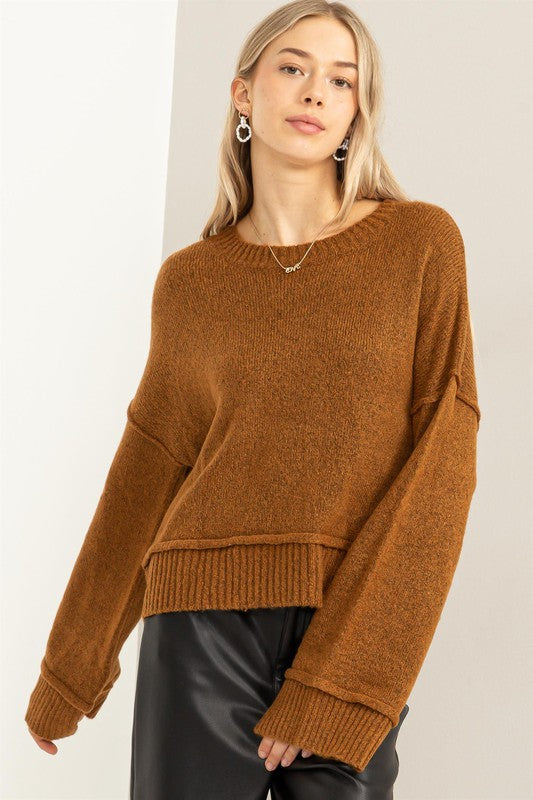 Ribbed Hem Detail Sweater - Brown
