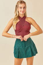 CROSS NECK CROPPED KNIT TOP - CRIMSON