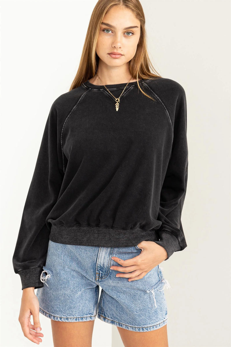 Ribbed Band Wash Effect Sweatshirt - Black