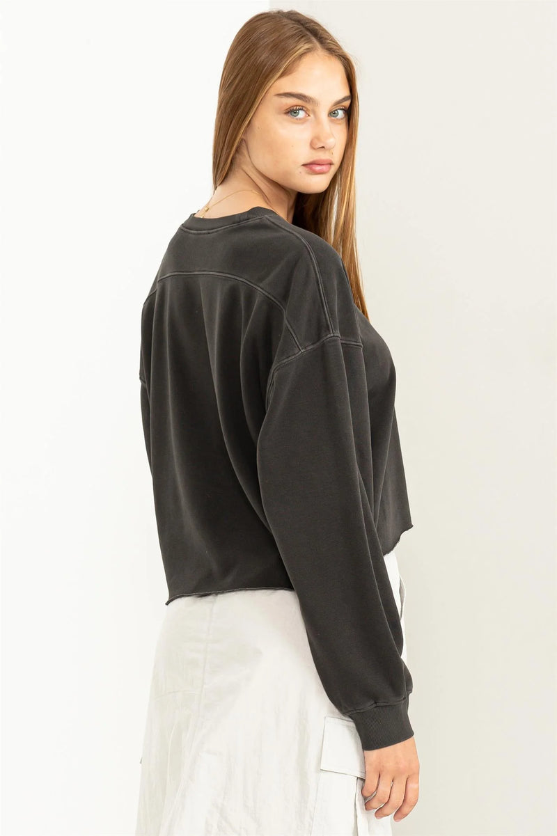 Cropped Rolled Hem Sweatshirt - Dark Grey