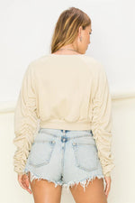 Ruched Sleeve Raglan Top - Beige