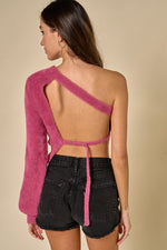 ONE SHOULDER FUZZY SWEATER CROP TOP - BERRY