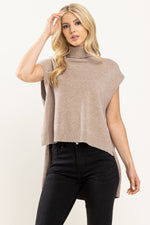 Hi Low Sleeveless Turtleneck Sweater - Beige