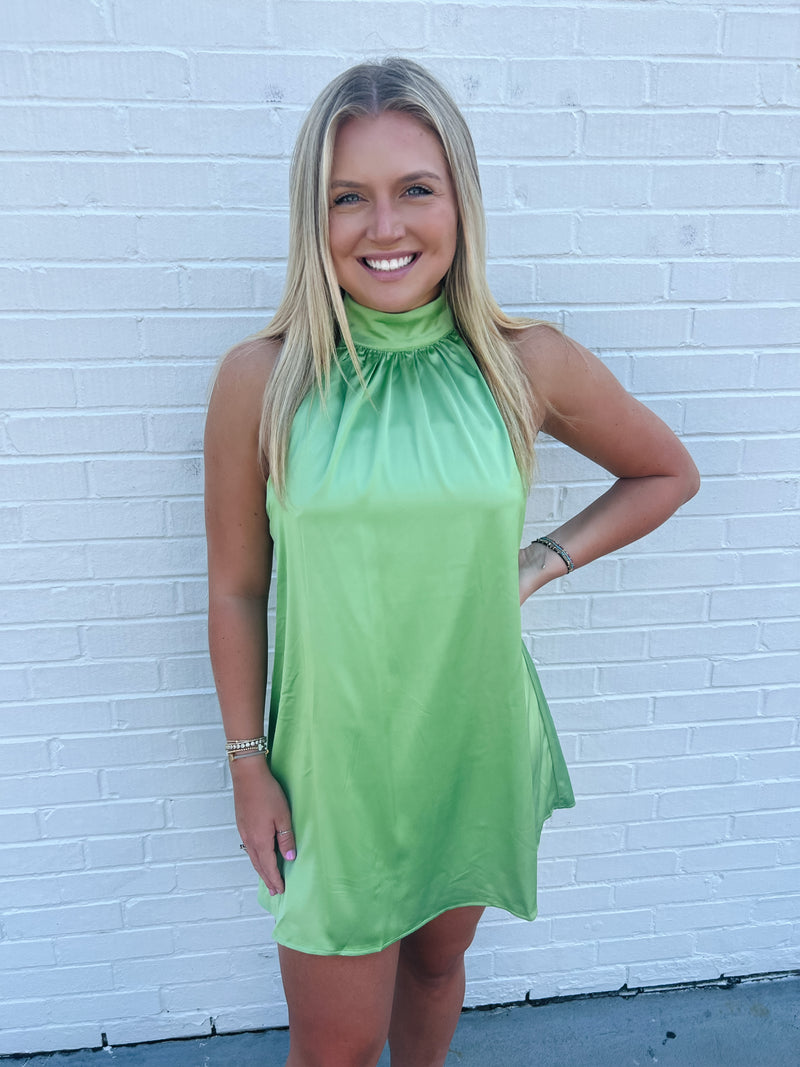 SATIN RELAX FIT HALTER BACK TIE DRESS - PISTACHIO