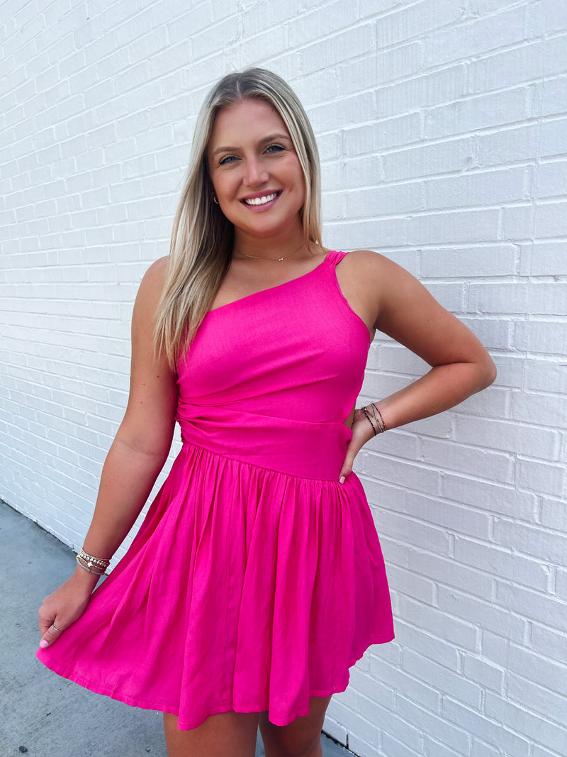 OPEN BACK TIE RUCHED DRESS - HOT PINK