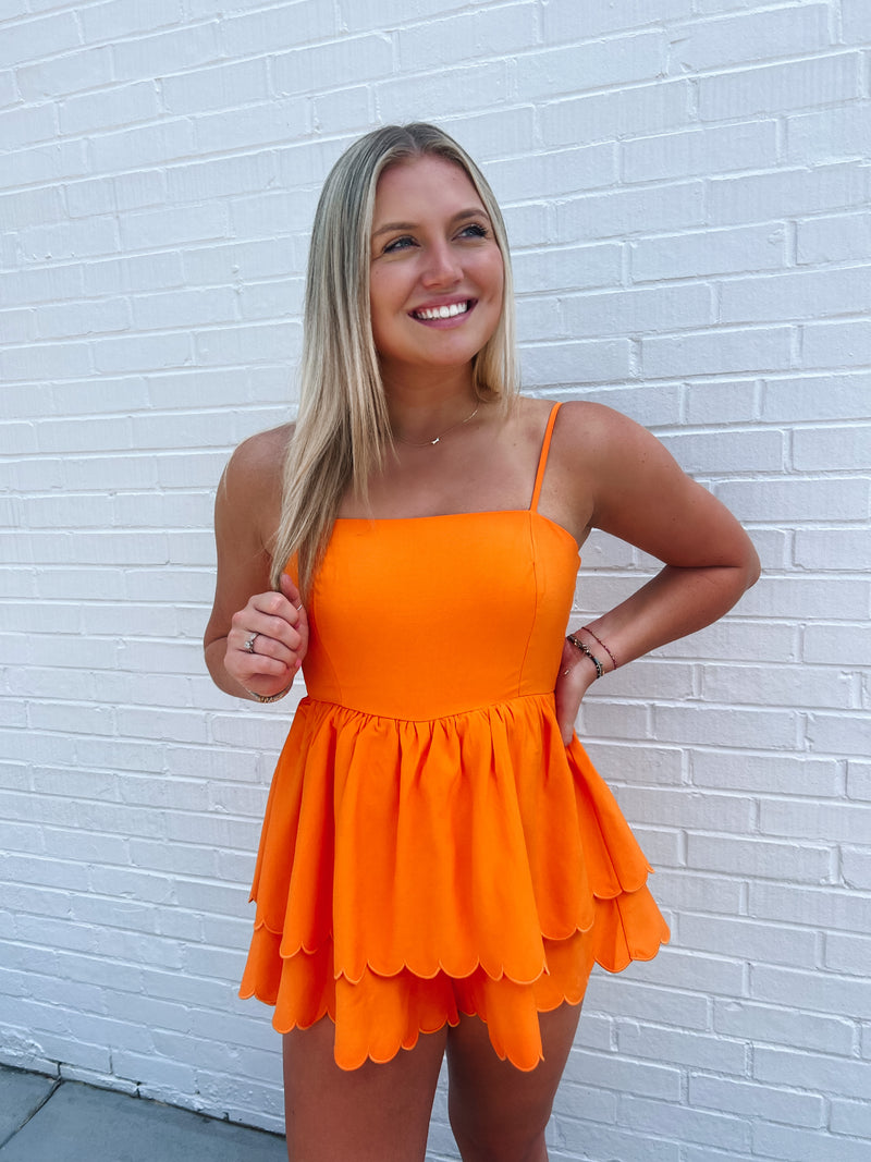 SCALLOP EDGE TIERED BACK TIE ROMPER - ORANGE