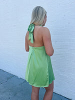 SATIN RELAX FIT HALTER BACK TIE DRESS - PISTACHIO