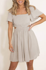 Cut Out Smocked Ruffle Sleeve Dress - Light Gray