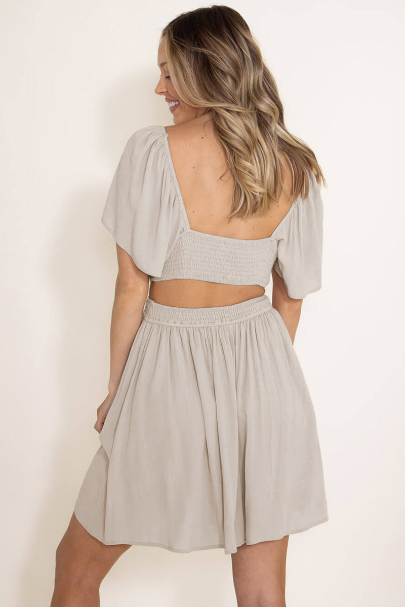 Cut Out Smocked Ruffle Sleeve Dress - Light Gray