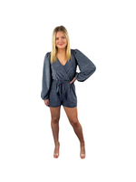 Metallic Surplice Balloon Sleeve Romper - Sparkling Navy