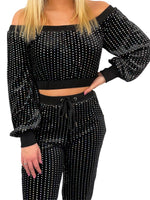 Velour cropped top with holographic dots - Black