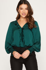 Satin Surplice Ruffle Trim Bodysuit - Forest Green