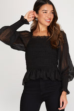 Sheer Swiss Dot Smock Top - Black