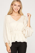 Striped Jacquard Smocked Top - Beige