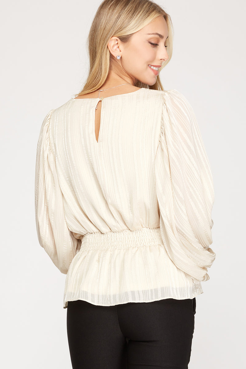 Striped Jacquard Smocked Top - Beige