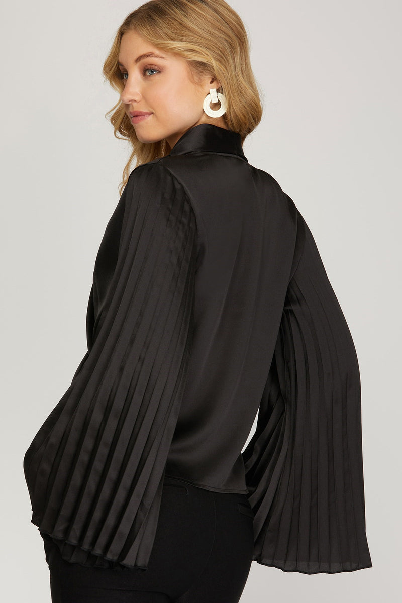 Pleated Bell Sleeve Surplice Top - Black