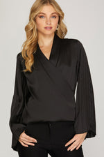 Pleated Bell Sleeve Surplice Top - Black