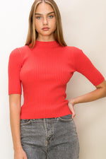 Mock Neck Ribbed Short Sleeve Top - Red