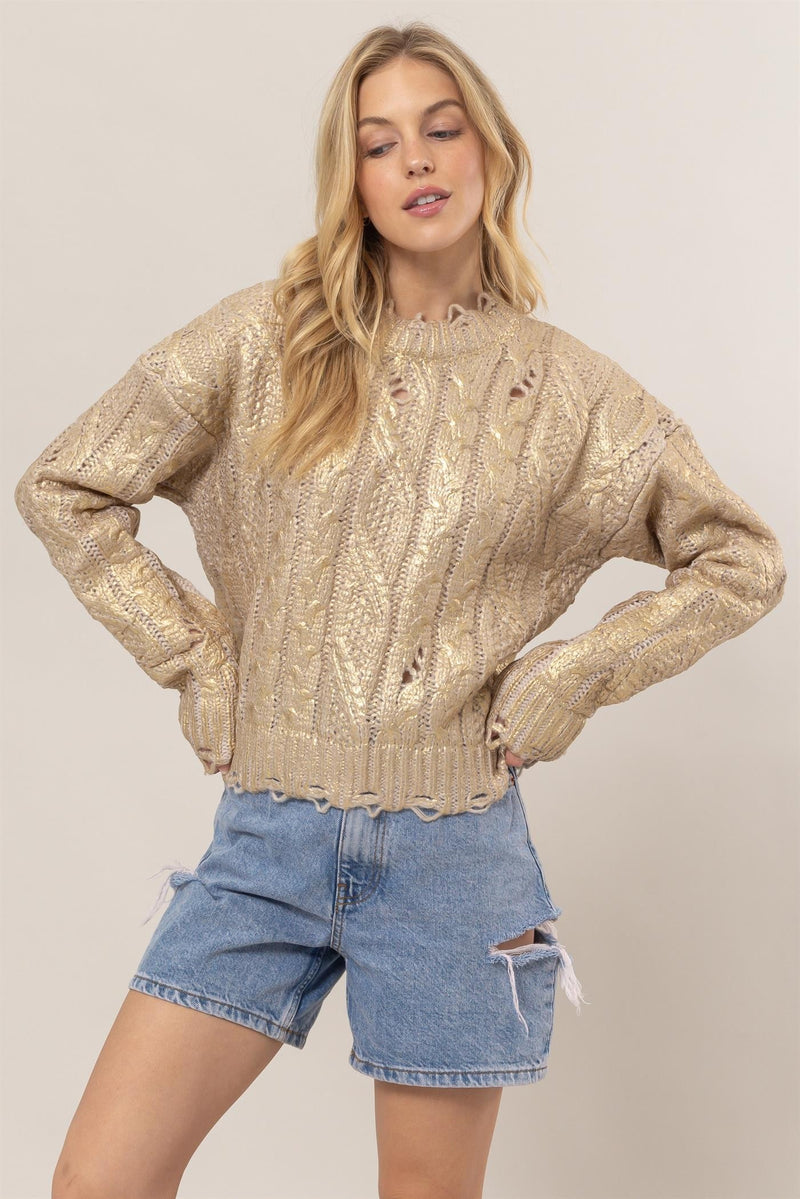 METALLIC FOIL CABLE KNIT SWEATER - GOLD