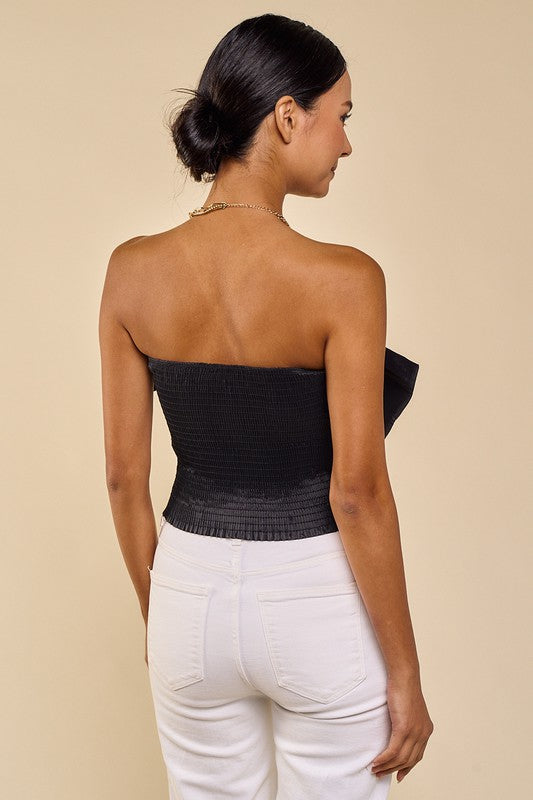 FRONT BOW DETAIL SMOCKED BACK TUBE TOP - BLACK