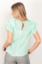 Gingham Ruffle Sleeve Top - Green