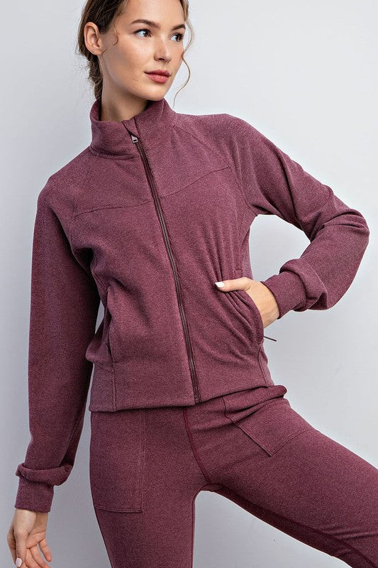 Ribbed Brushed Athleisure Crop Jacket - Maroon