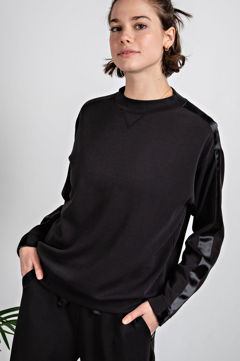 Buttery Crewneck with Side Satin Detail - Black