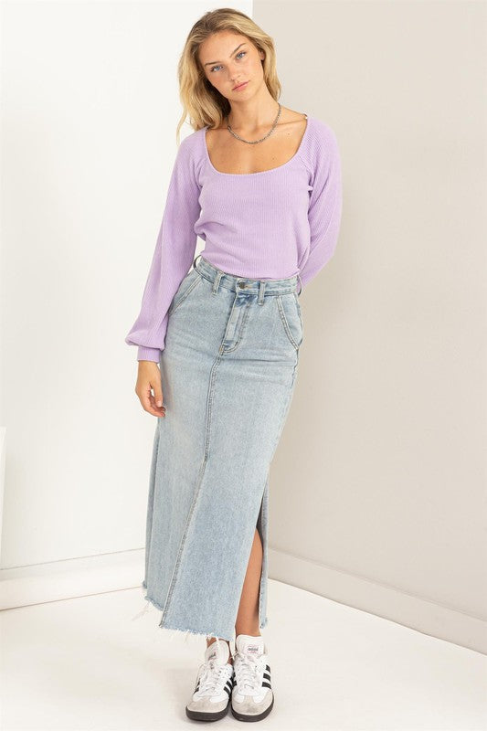 Square Neck Balloon Sleeve Ribbed Top - Lilac