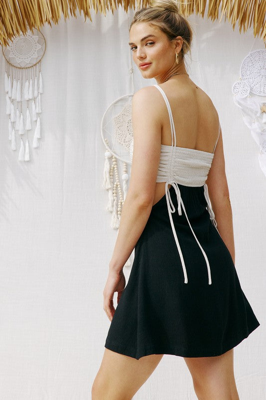 Linen Cutout Detail Natural Dress - Natural/Black