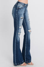 Petra Mid Rise Distressed Patch Flare Jean - Dark Wash