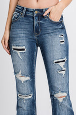 Petra Mid Rise Distressed Patch Flare Jean - Dark Wash