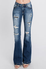 Petra Mid Rise Distressed Patch Flare Jean - Dark Wash