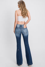 Petra Mid Rise Distressed Patch Flare Jean - Dark Wash