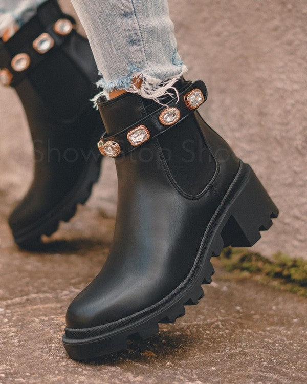 Chunky Heel Bootie With Jewel Detail - Black