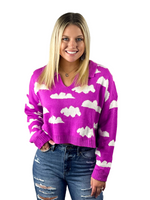 Cloud Print Cropped Collared Sweater - Magenta