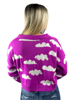 Cloud Print Cropped Collared Sweater - Magenta