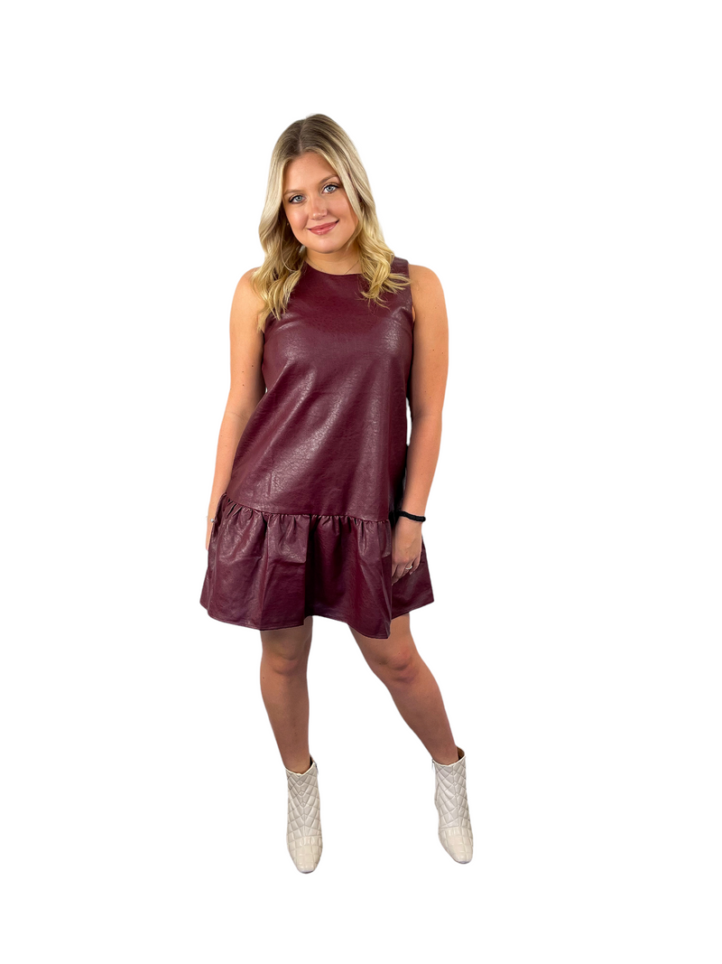 Faux Leather Ruffle Hem Dress - Burgundy