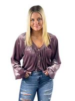 Velvet Balloon Sleeve Cropped Top - Plum