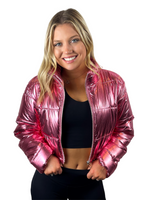 Cropped Metallic Puffer Jacket- Pink