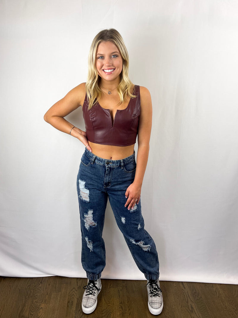 Faux Leather Bralette - Burgundy