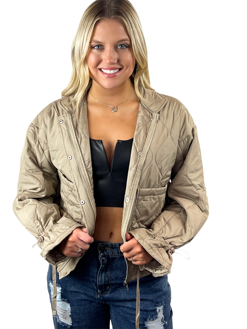 Quilted Drawstring Jacket - Khaki