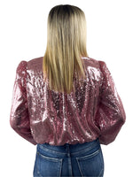 Balloon Sleeve Cropped Sequin Top - Pink