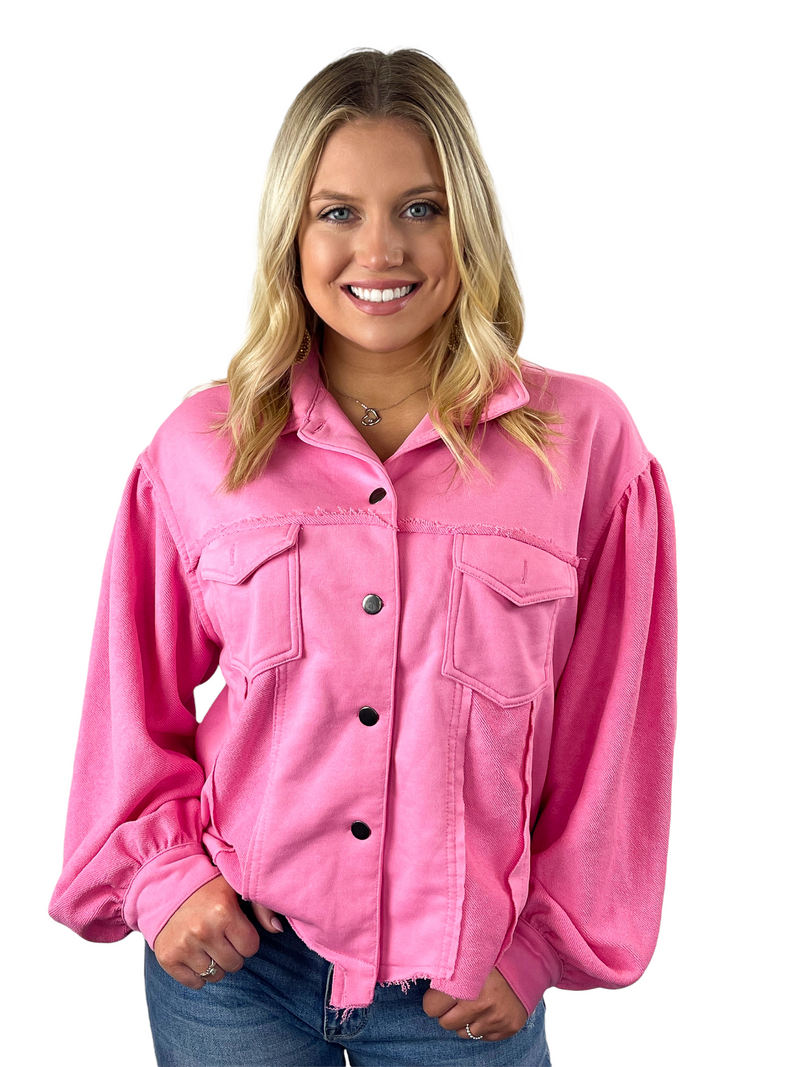 Button Up French Terry Jacket - Pink