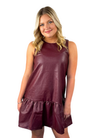 Faux Leather Ruffle Hem Dress - Burgundy