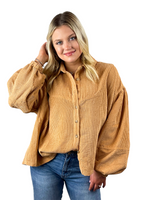 Corduroy Balloon Sleeve Button Up Top - Camel