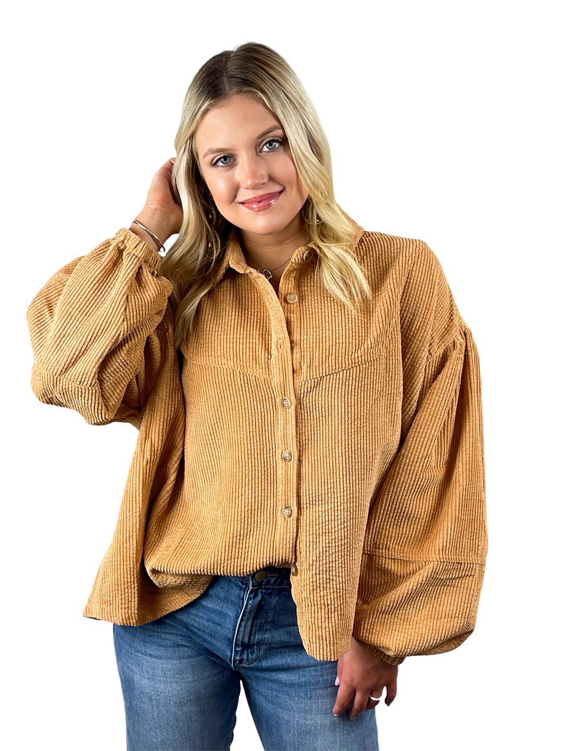 Corduroy Balloon Sleeve Button Up Top - Camel