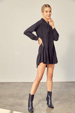 Tiered Pleated Mini Shirt Dress - Black