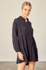 Tiered Pleated Mini Shirt Dress - Black