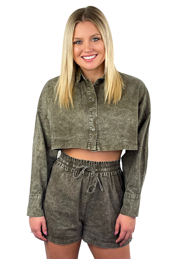 Denim Long Sleeve Cropped Top - Olive